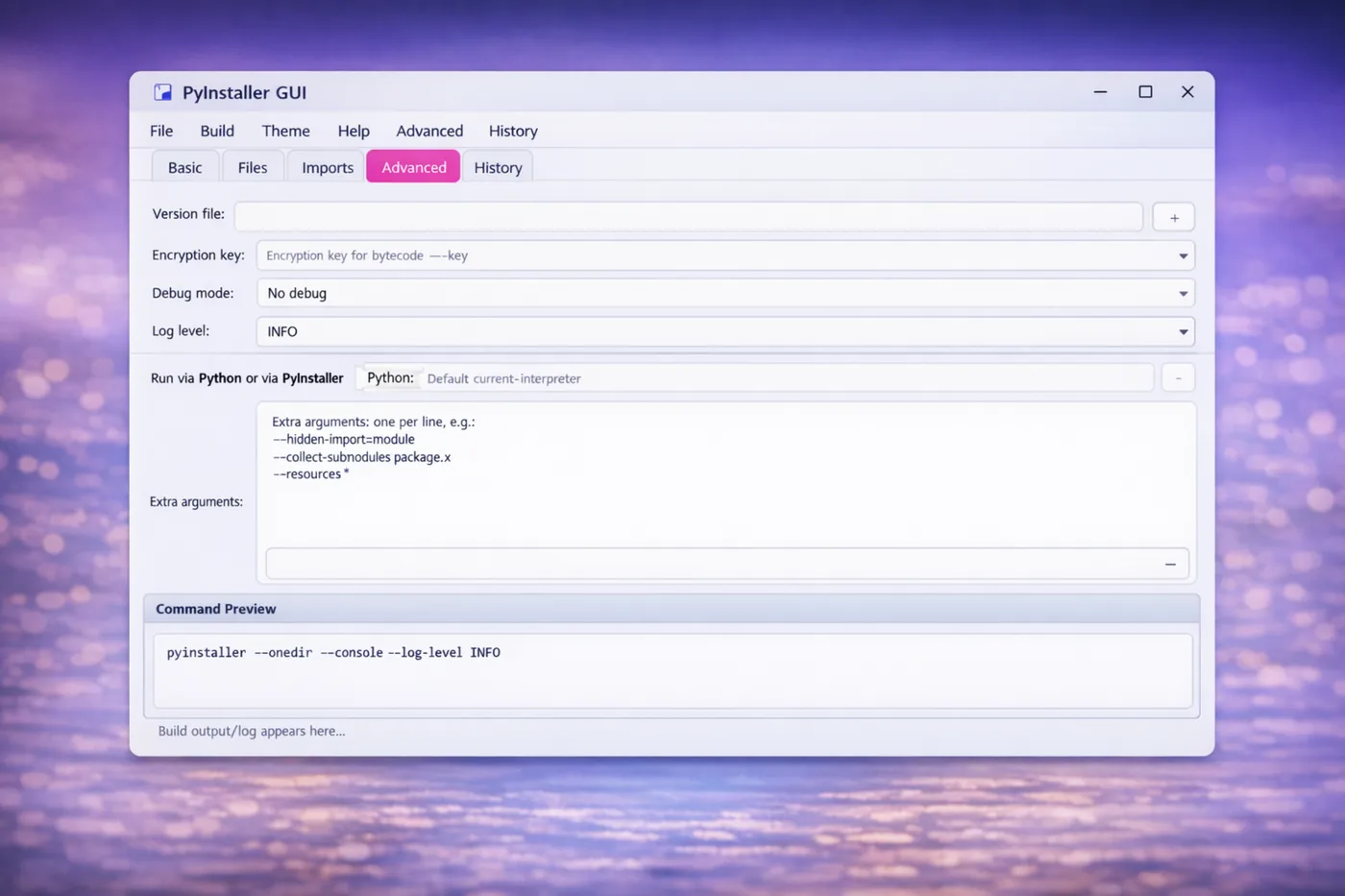 Advanced options screen of PyInstaller GUI