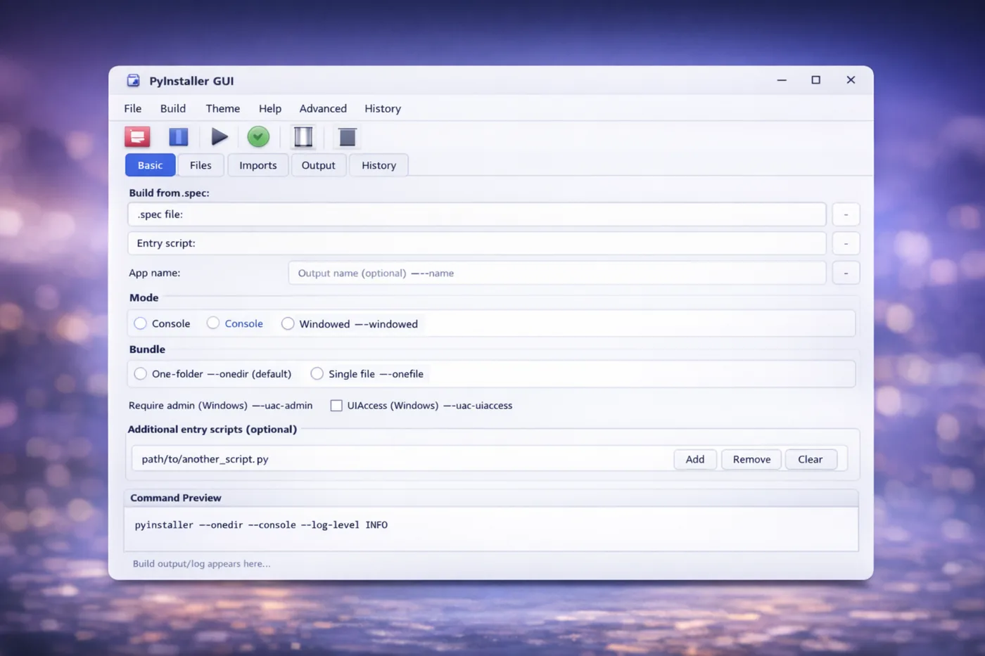 Basic configuration screen of PyInstaller GUI