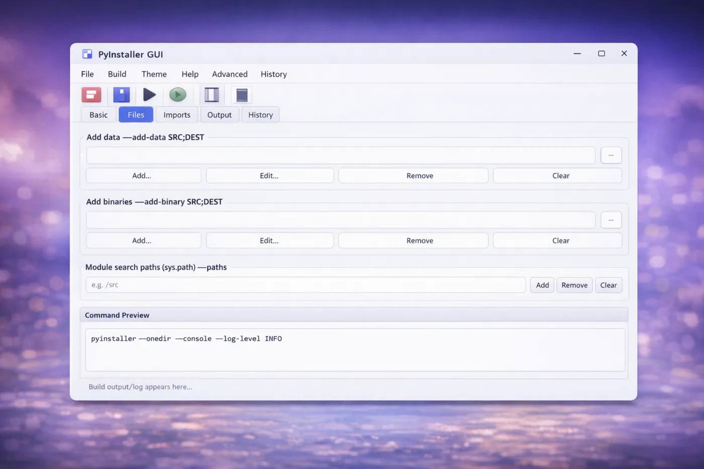Files selection and project inputs screen