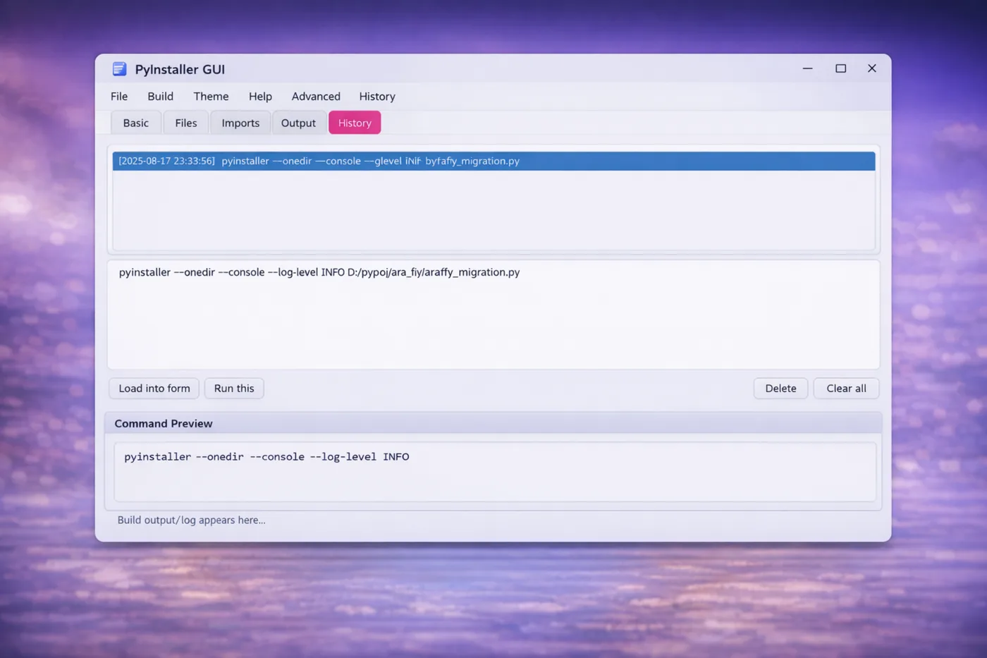 Build history screen showing previous runs
