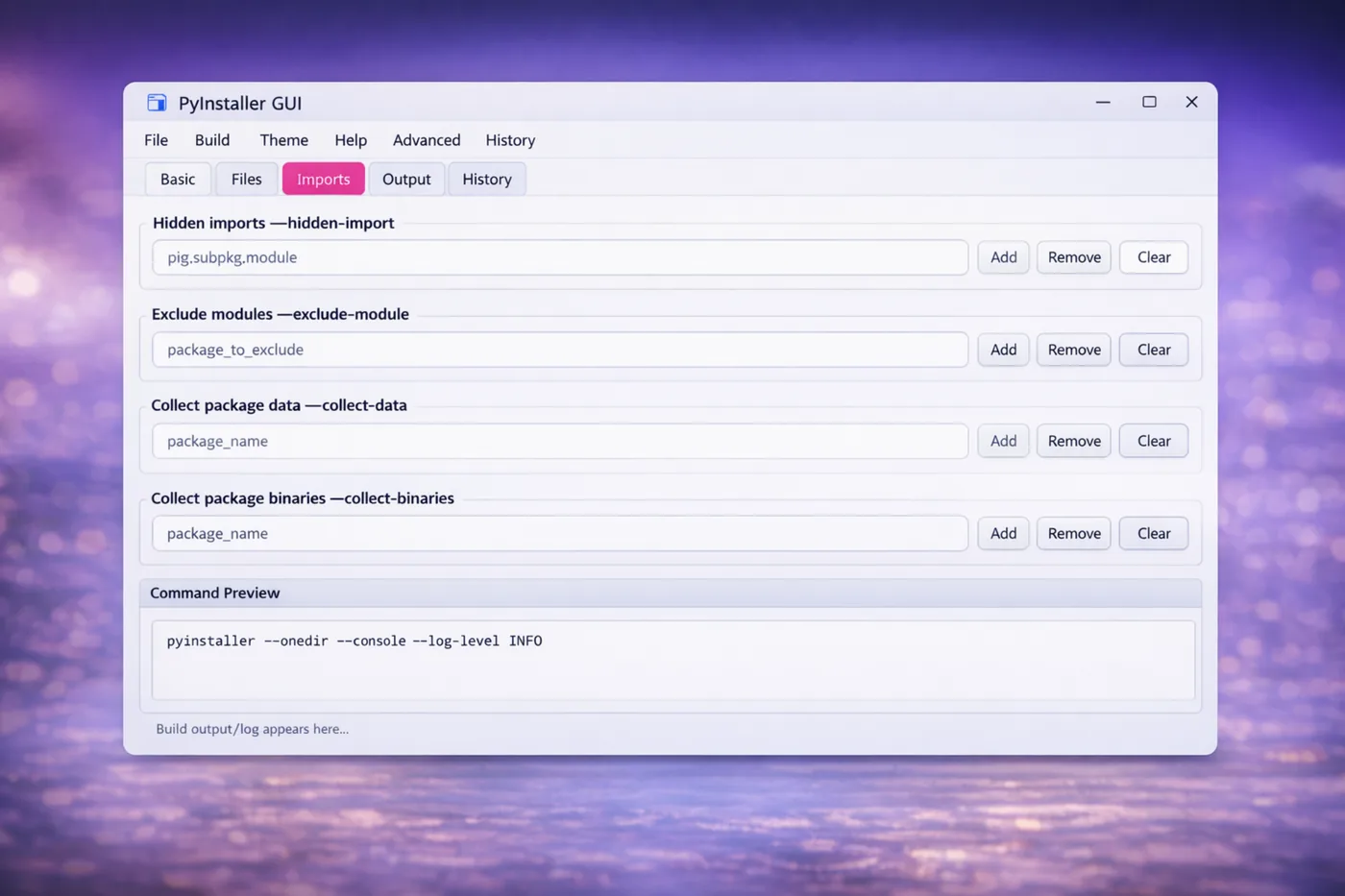 Imports and modules settings screen