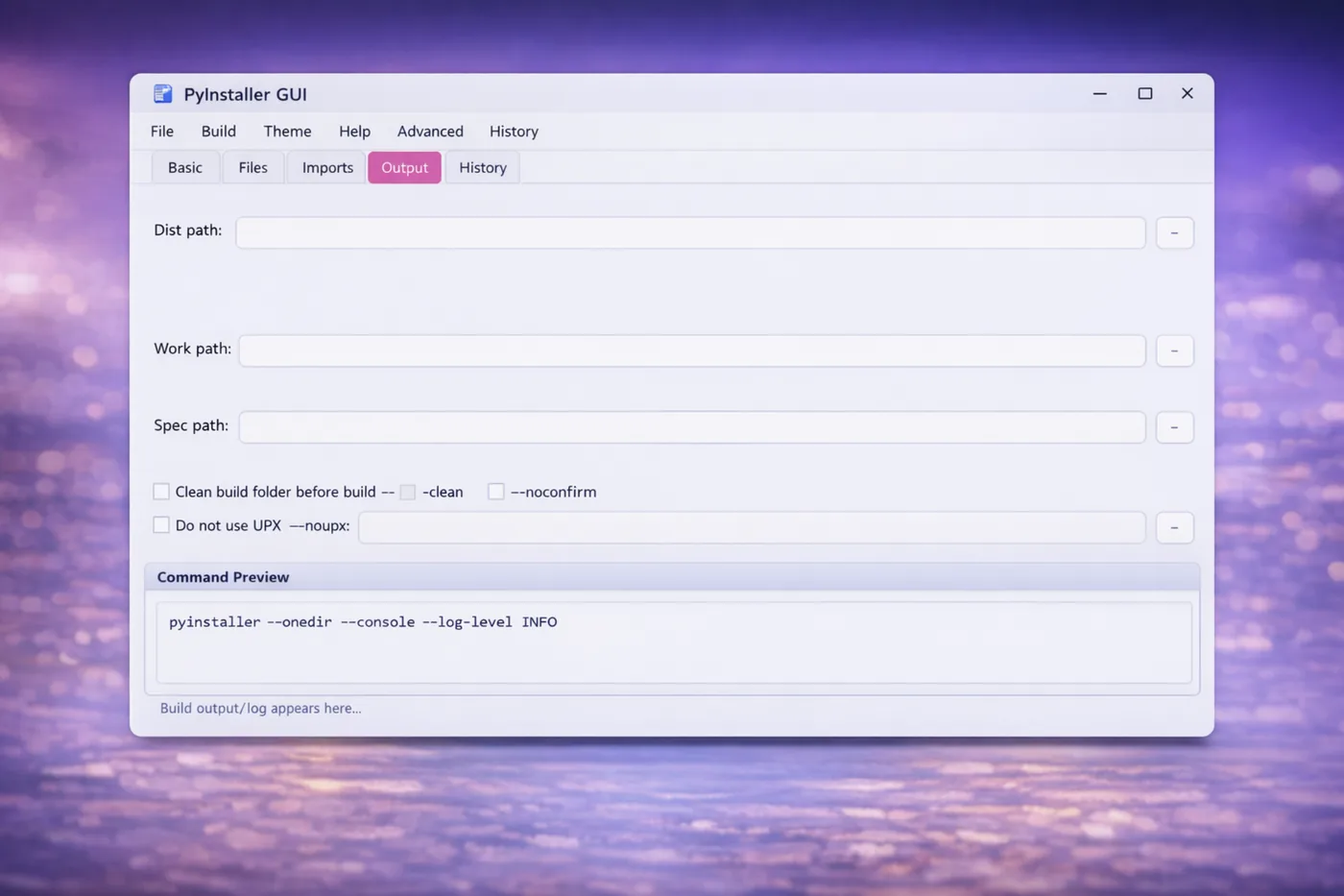Output settings and build result configuration screen
